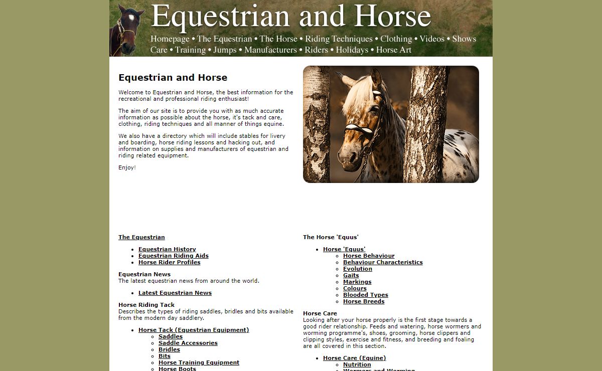 Equestrian and Horse • Riding • Clothing • Tack • Care • Stables • Bits • Worming