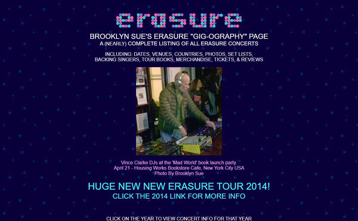 Brooklyn Sue's Erasure gig web page - HOME