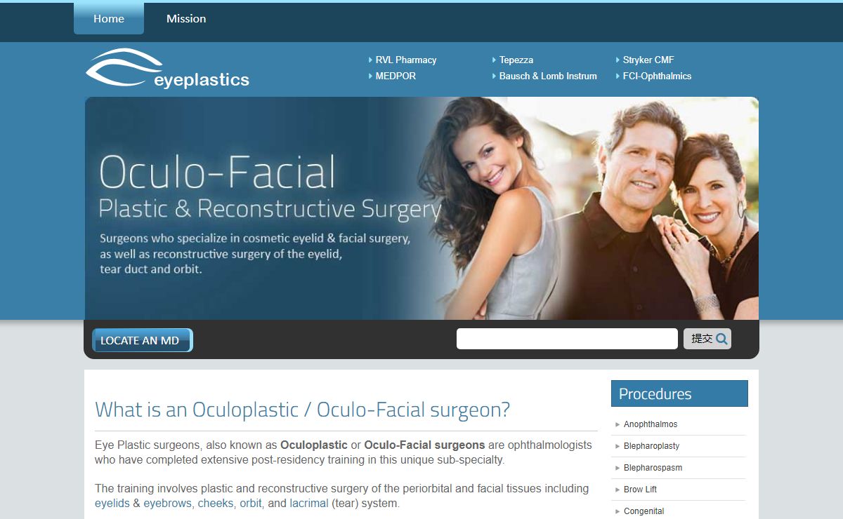 Cosmetic eyelid surgery, oculofacial Oculo-facial) surgeon locate