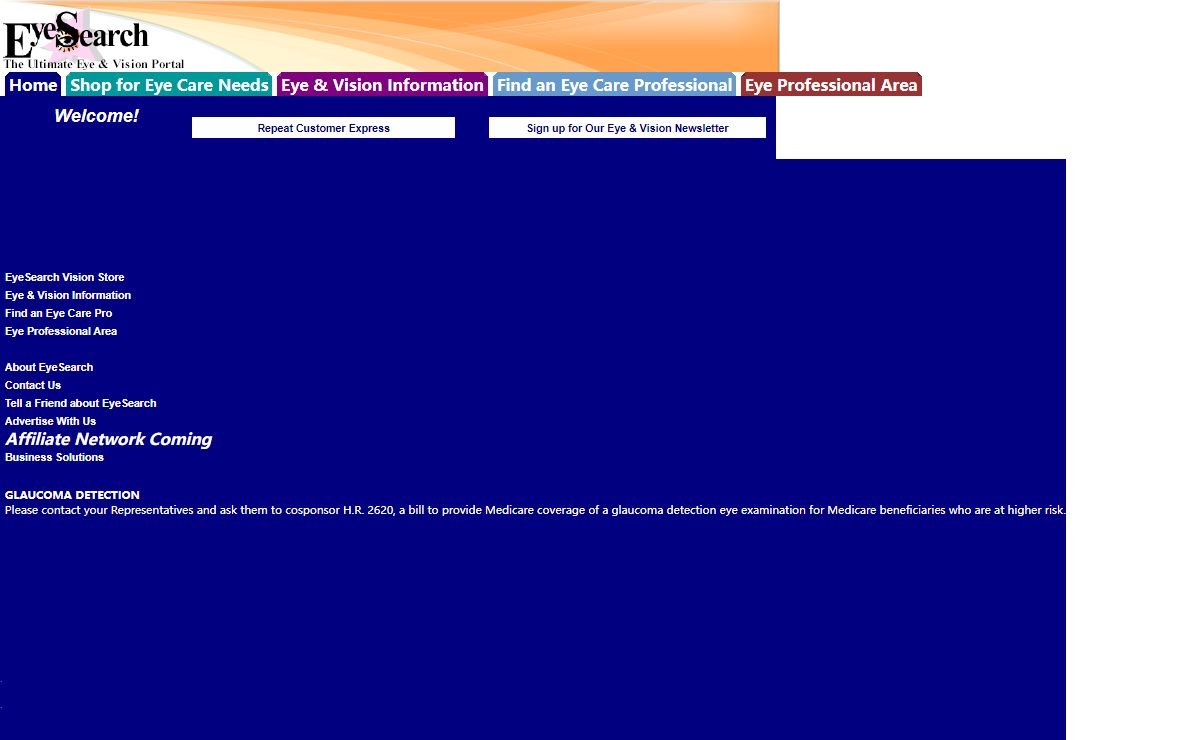 Eye Search Eye Care Guide featuring Contact Lens Purchasing and Ask EyeSearch along with Directories of Eye Specialists
