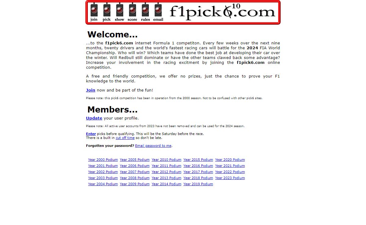 f1pick6.com - F1 Tipping Competition formula 1 grand prix PICK 6 online pick6 competition