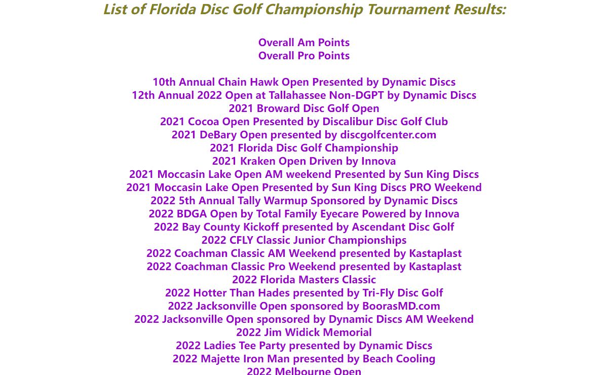 List of Florida Disc Golf Championship Tournament Results
