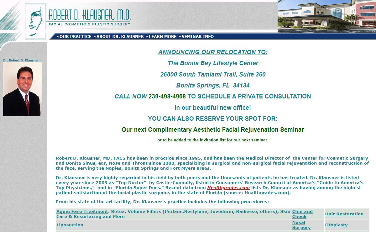 Facial Plastic Surgery by Surgeon Dr Robert Klausner to Florida: Naples , Bonita Springs center for cosmetic surgery