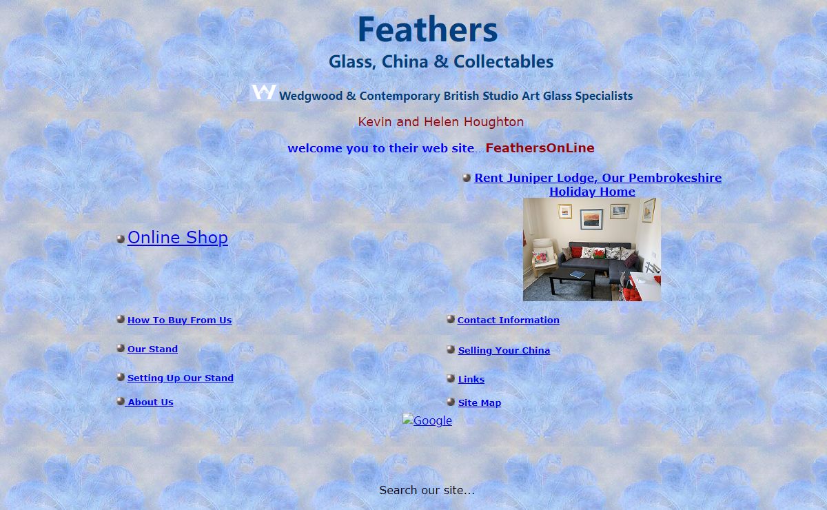 Studio Art Glass, Gifts, Wedgwood China for sale & Orlando Florida vacation home rental at FeathersOnLine - Kevin and Helen Houghton - dealers in Glass, China & Collectables - Home Page