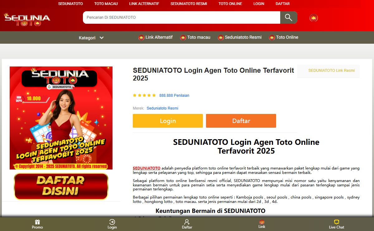 SEDUNIATOTO Login Agen Toto Online Terfavorit 2025