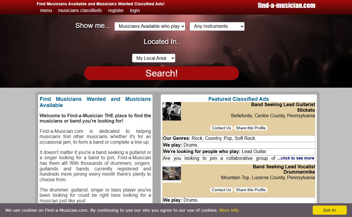 Find Musicians Wanted/Available Classified Ads Home Page