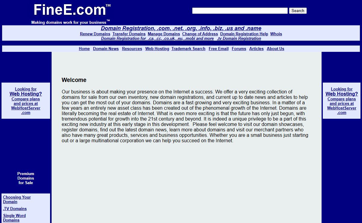 FineE.com - Domains for sale, domain registration, web hosting, trademark serach, domain news, and more!