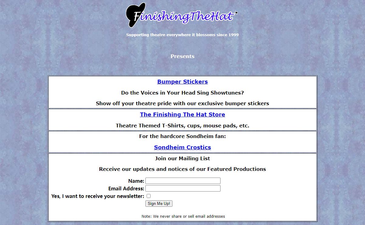 Welcome to Finishing The Hat Regional Theatre Database, Theater Gifts, Puzzles, and more!