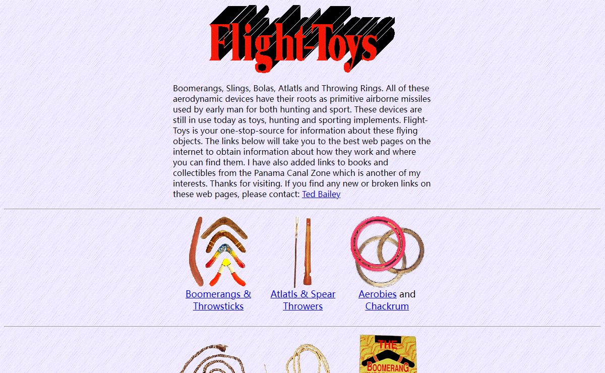 flight-toys.com | boomerangs, atlatls, slings, chackrum, bolas and panama canal zone with information about artifacts, collectibles and resources