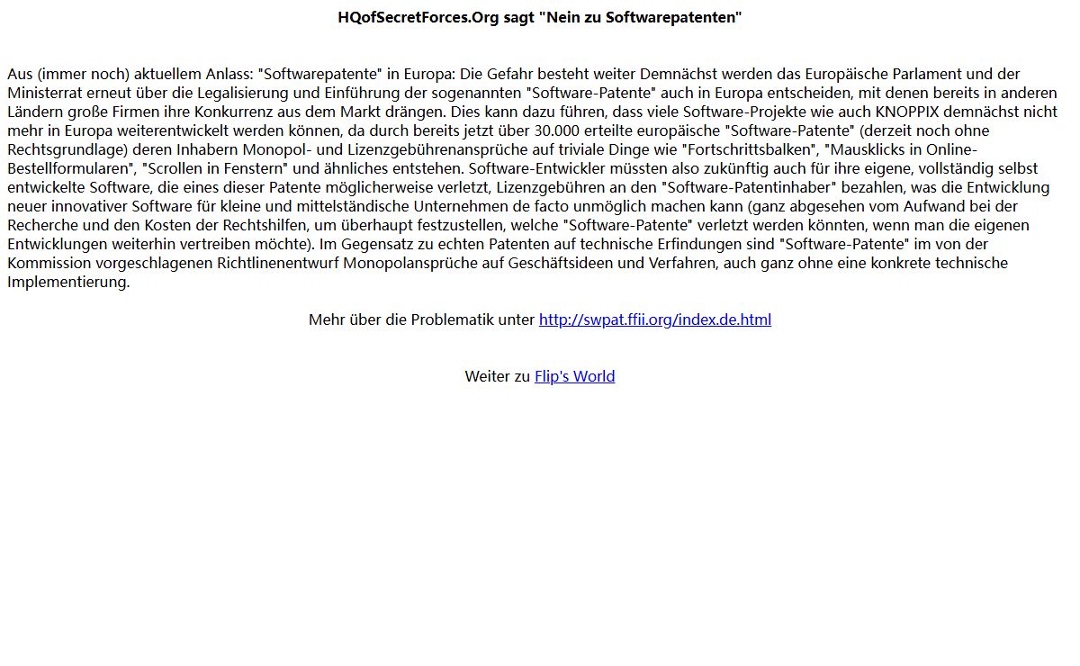 HQofSecretForces.Org sagt "Nein zu Softwarepatenten"