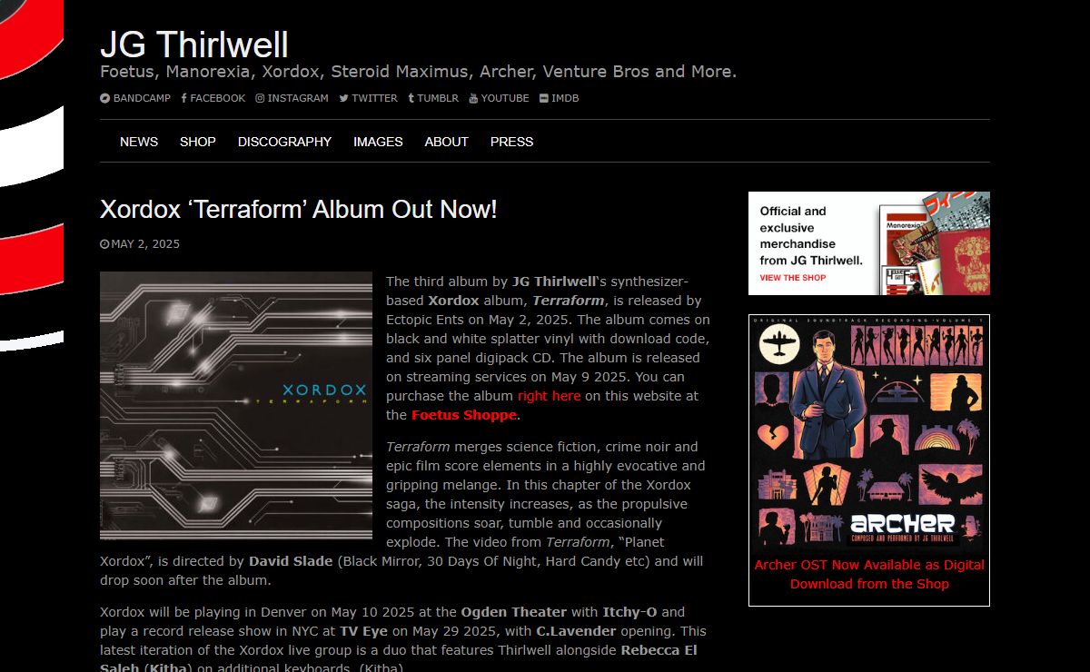 JG Thirlwell – Foetus, Manorexia, Xordox, Steroid Maximus, Archer, Venture Bros and More.