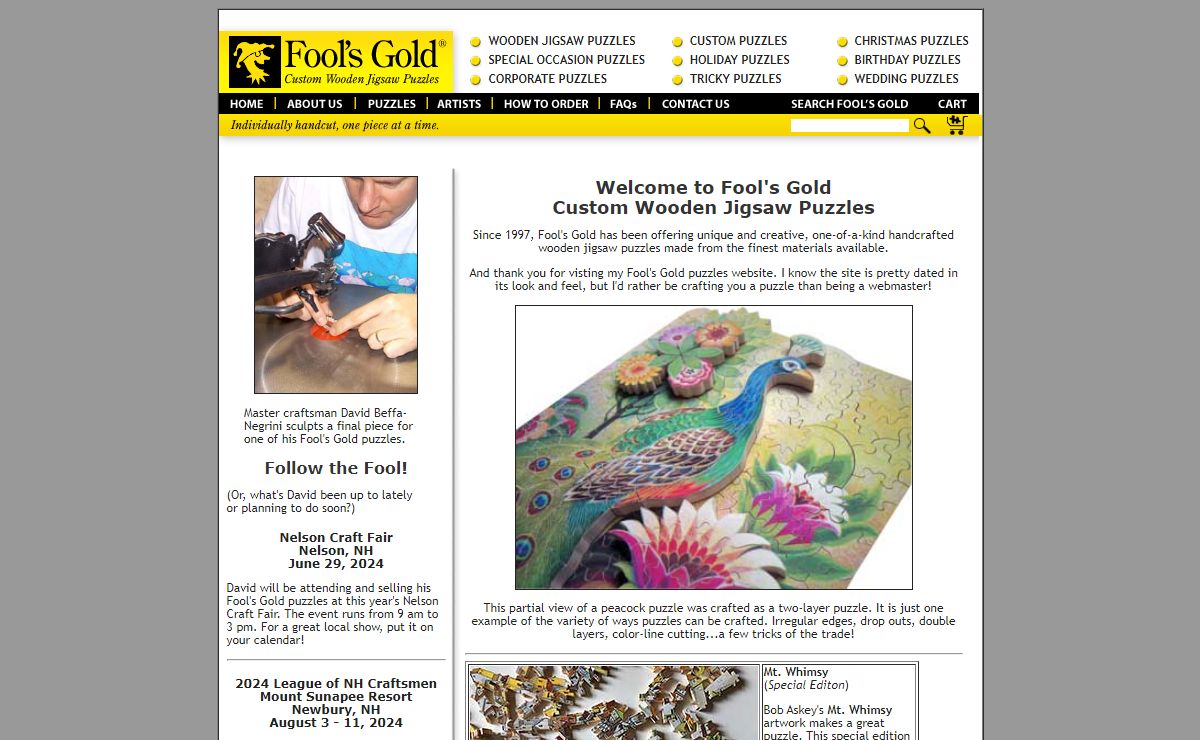 Wooden jigsaw puzzles from Fool's Gold of New Hampshire custom handcut unique and personalized crafted by David Beffa-Negrini