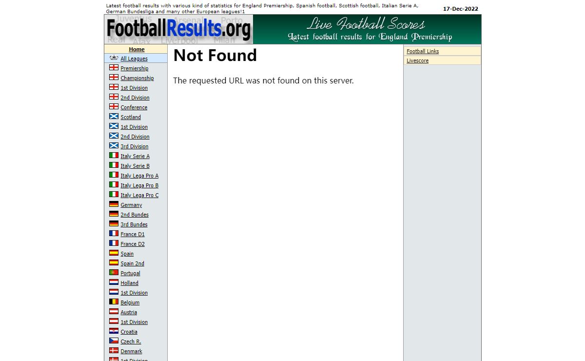 Football Results Database and Live Football Scores
