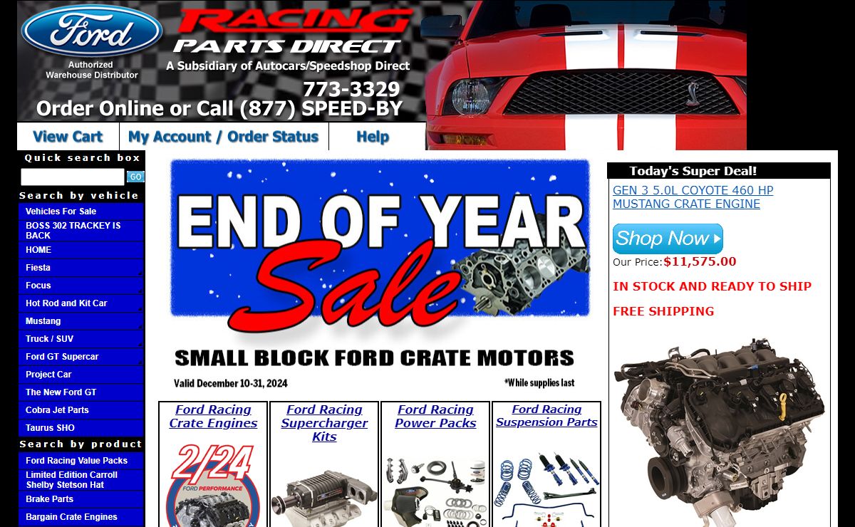 Ford Racing Parts: Mustang Power Packs, Crate Engines, Motors, Superchargers, Handling Packs, Shelby Parts, Wheels, Brake Kits, SVT parts, and more.