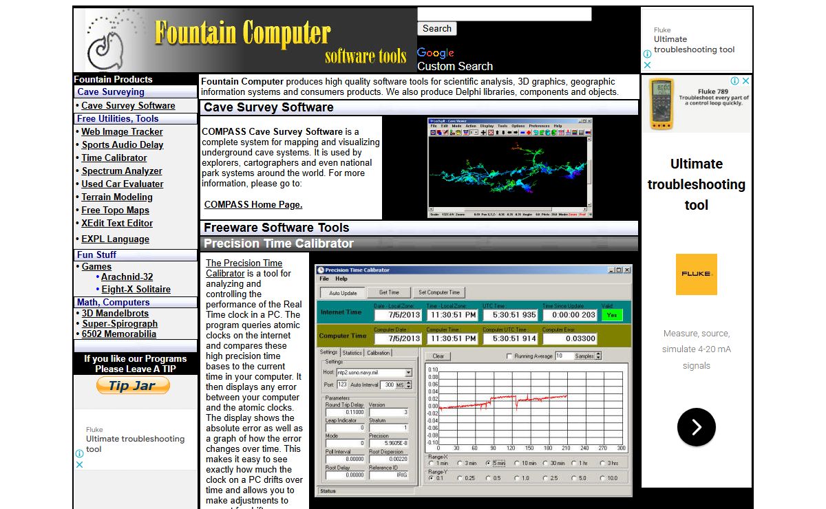 Fountain Computer - Software Tools -  Cave Survey Software, Time Calibrator, Internet Image Tracker, Audio Delay, Spectrum Analyzer, Topo Maps, Car Analyzer, Terrain Modeling