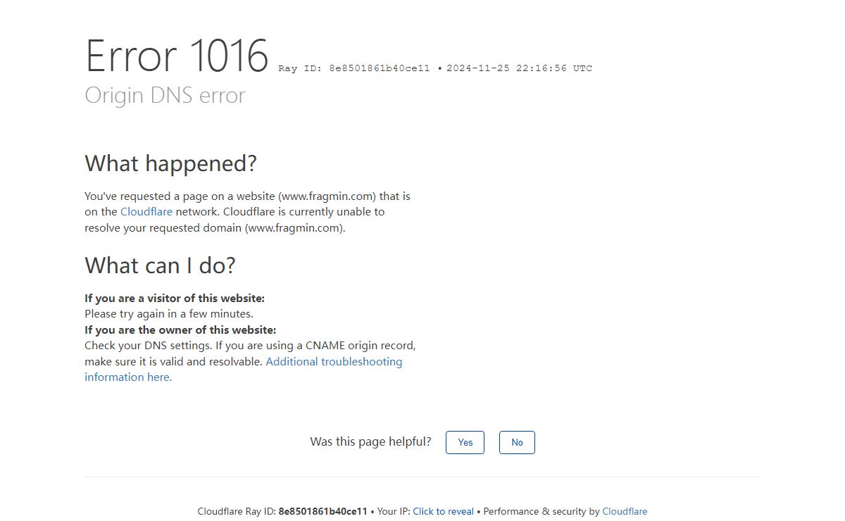 Origin DNS error | www.fragmin.com | Cloudflare