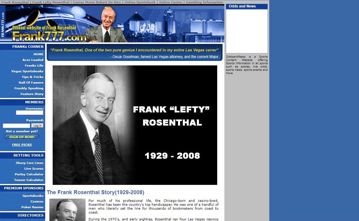 Frank Rosenthal - Casino Movie - Free Sports Picks - Free Live Odds - Sportsbook & Casino Information