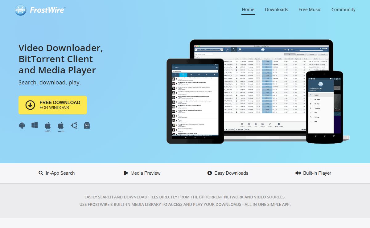 FrostWire - BitTorrent Client, Video Downloader, Media Player. 100% Free Download, No subscriptions required.
