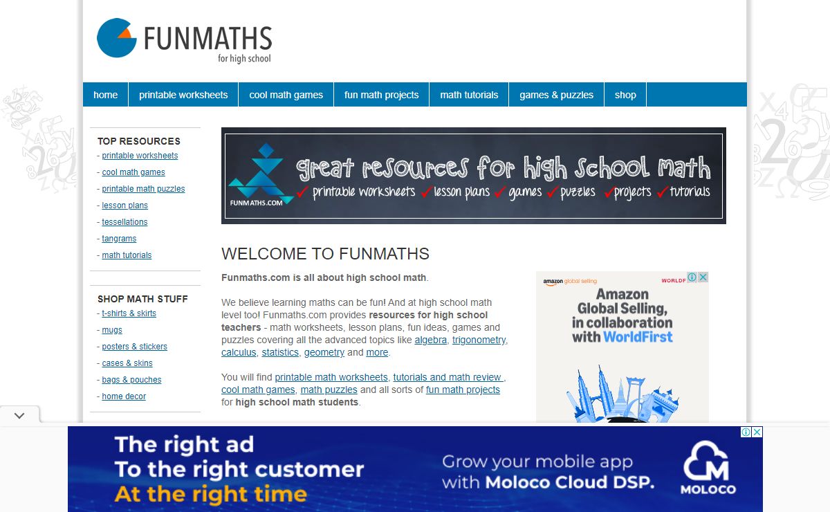 Funmaths.com - high school math worksheets, projects and teacher resources