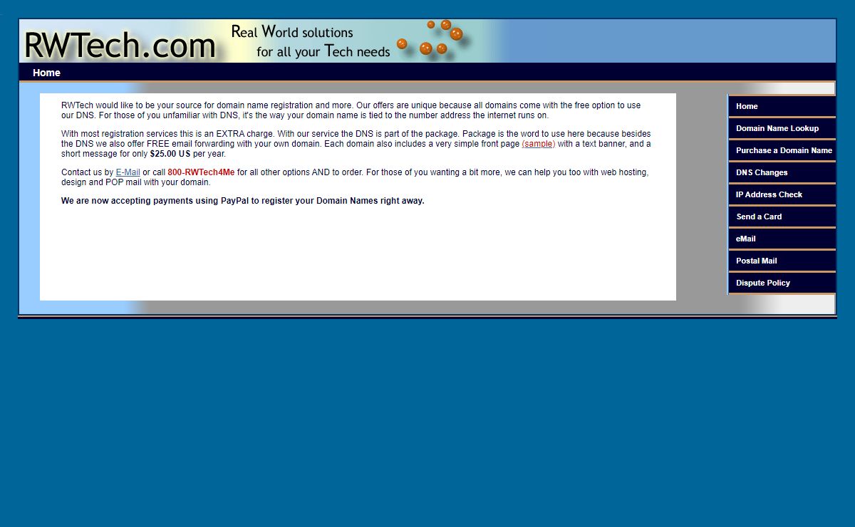 RWTech domain name registration dot com names hosting email free DNS webhosting web hosting and more --the web and more!..