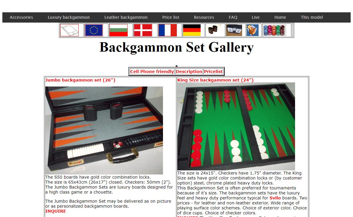 Backgammon set gallery, backgammon boards, dice cups, precision dice, scoreboards.