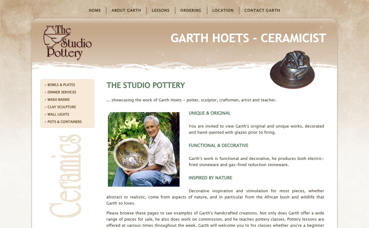 Pottery Lessons and handcrafted Pottery for sale by Garth Hoets