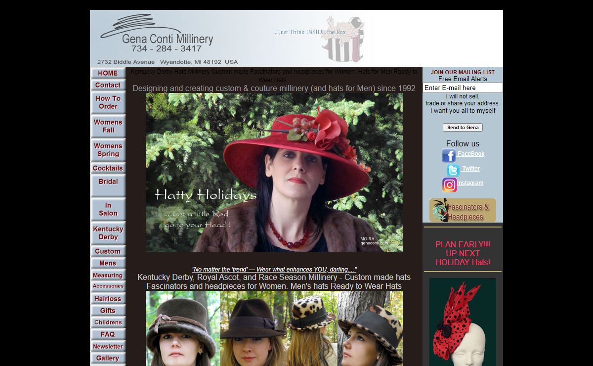 Gena Conti Custom Millinery Couture Kentucky Derby, Fascinators, race hats Men and Womens -Detroit USA