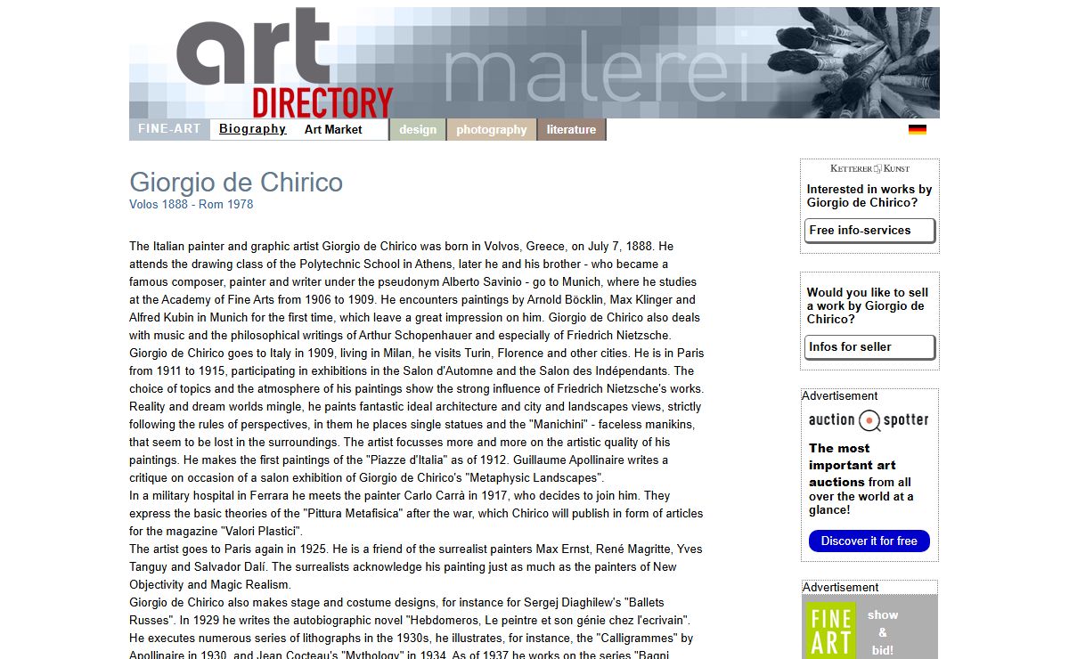 Giorgio de Chirico Biography - Infos for Sellers and Buyers