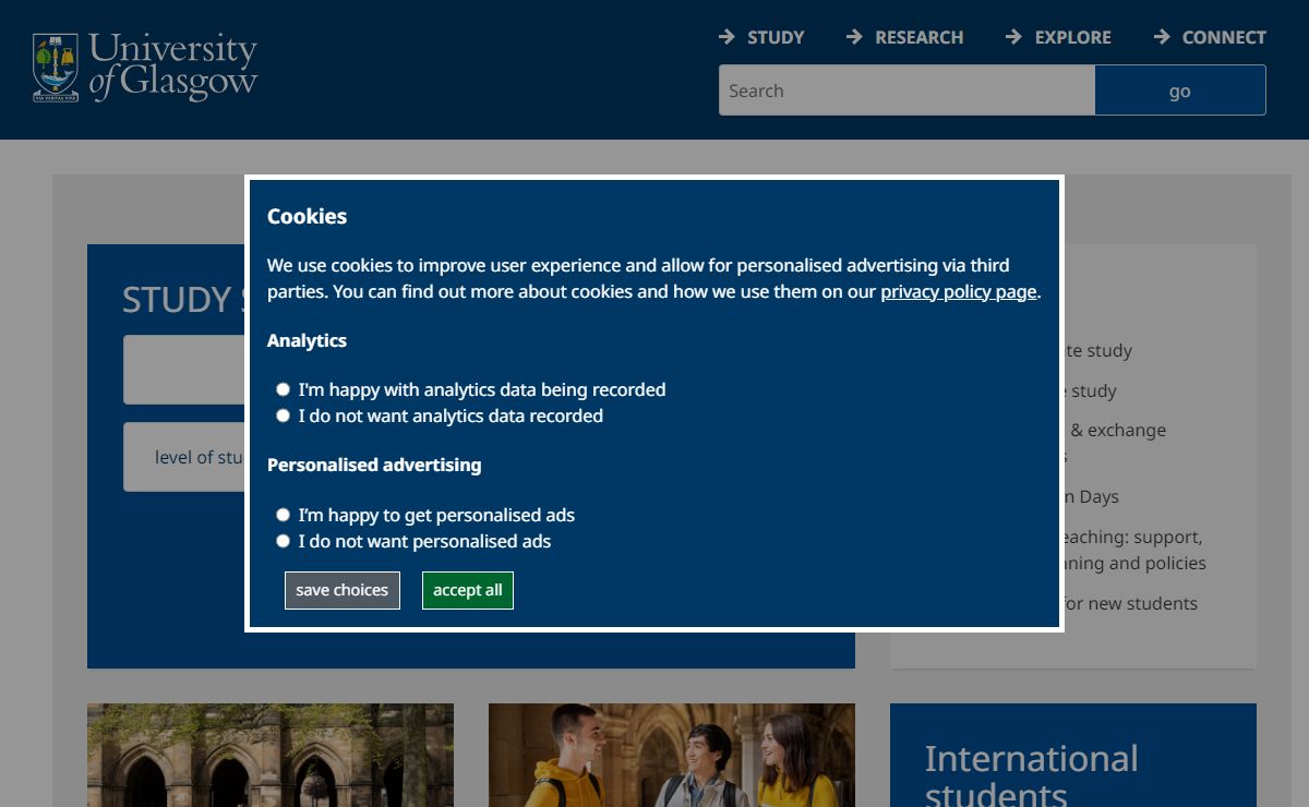 The University of Glasgow, Scotland, UK. A world top 100 university