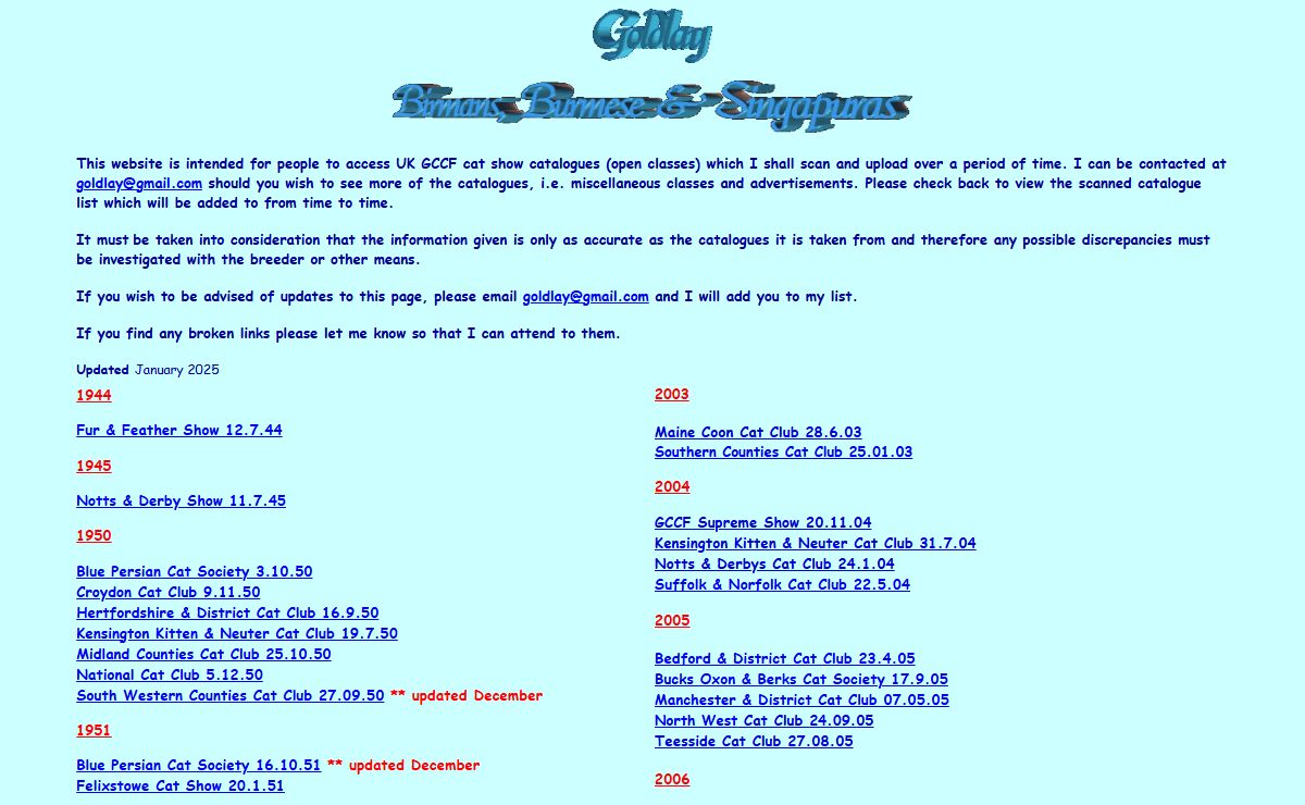 Goldlay Cattery Archived Cat Show Catalogues