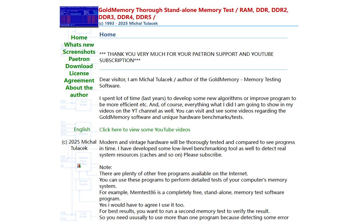 GoldMemory * Memory Testing - Diagnostics software for PC memory subsystem /CPU,cache,SDRAM,DDR,DDR2,DDR3,RDRAM/ (c) 2025