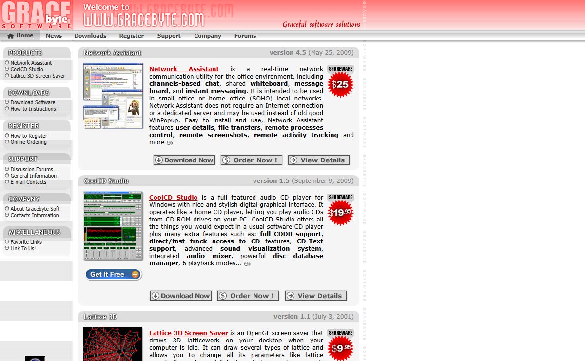 Gracebyte Software Website: The home of graceful software: CoolCD Studio CDDB player, Network Assistant chat, Lattice 3D OpenGL Screen Saver
