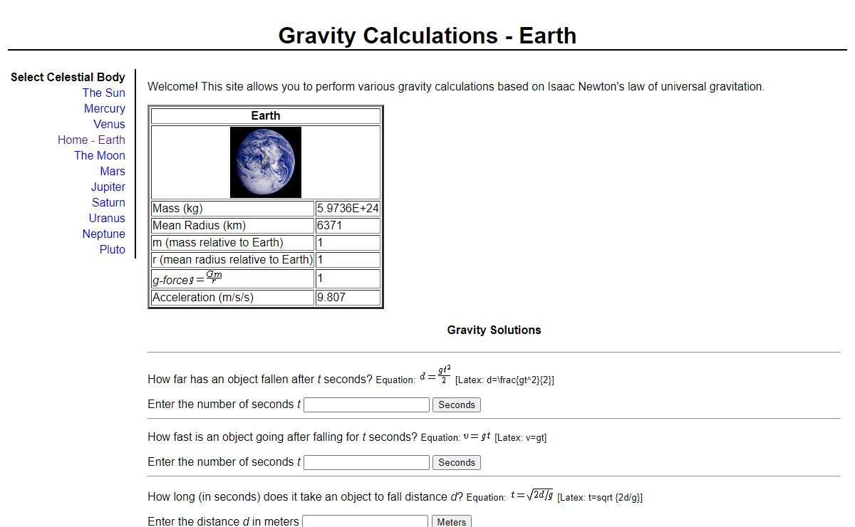 Gravity Calculations - Falling Body Equations at gravitycalc.com