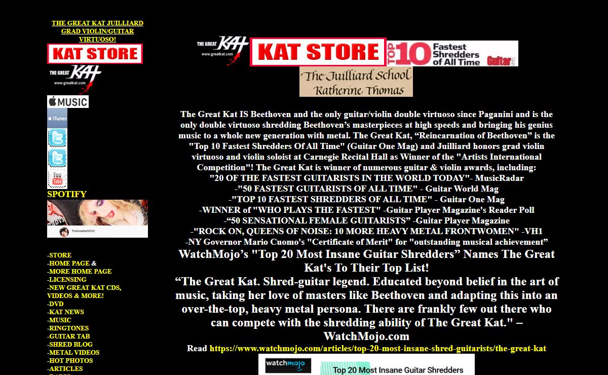 WatchMojo’s "Top 20 Most Insane Guitar Shredders” Names The Great Kat's To Their Top List!  “The Great Kat. Shred-guitar legend. Educated beyond belief in the art of music, taking her love of masters like Beethoven and adapting this into an over-the-top