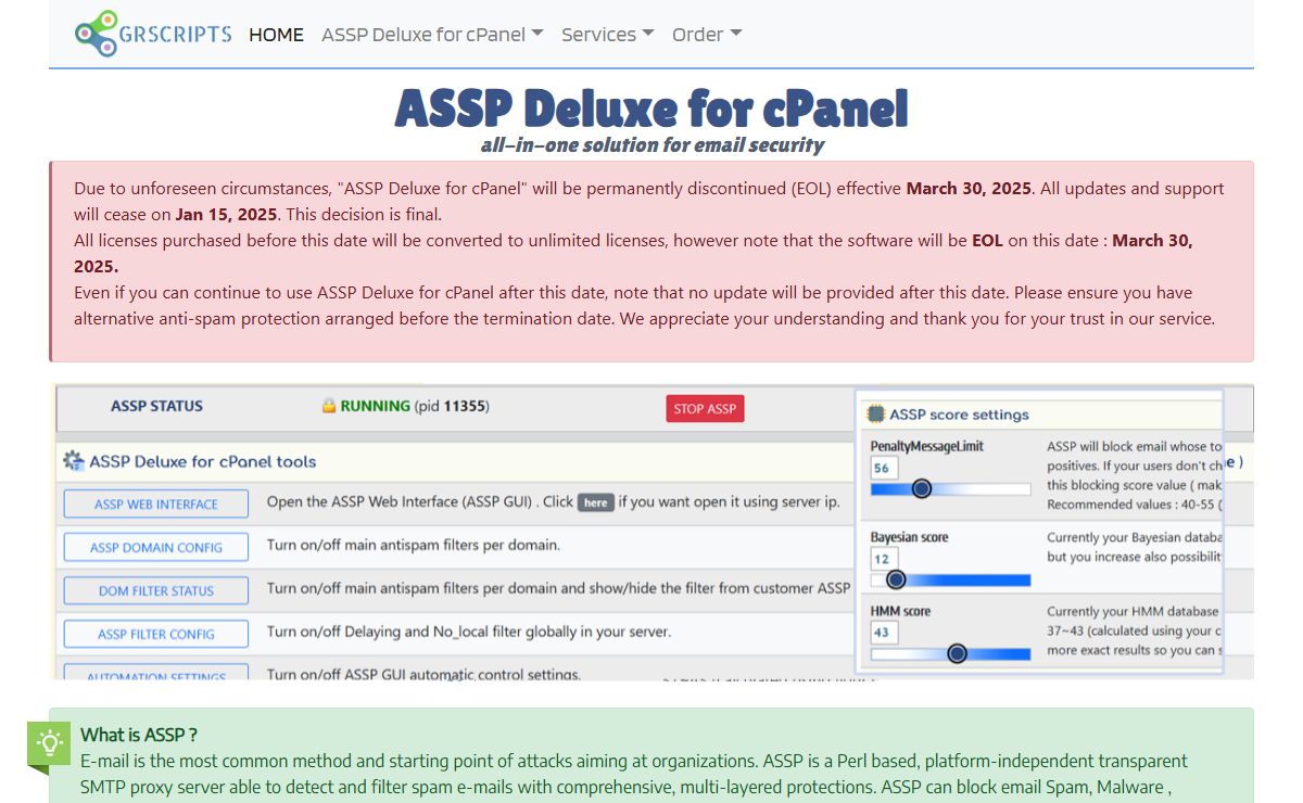 ASSP Deluxe for cPanel antispam plugin and email antivirus
