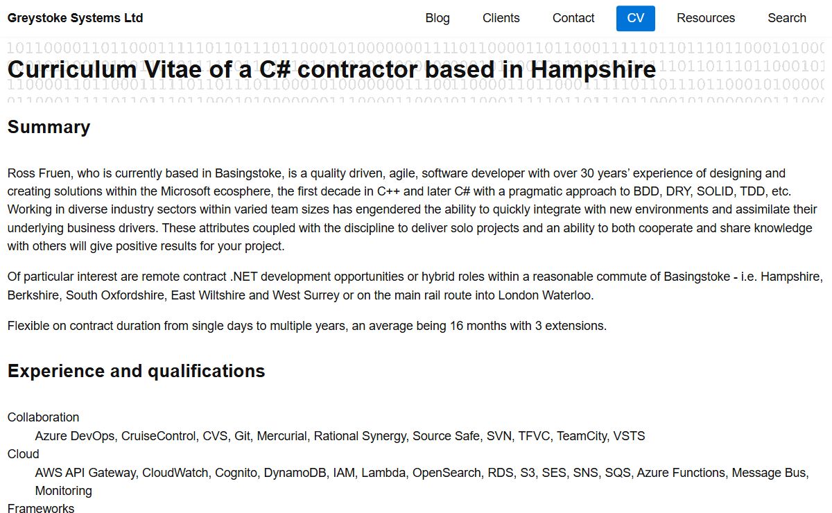 CV of Ross Fruen, a C#, SQL, .NET contract developer