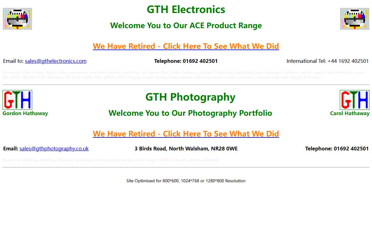 GTH Photography: Superior Personal and Business Photography. GTH Electronics: Video Standards Converters and Colour Correctors