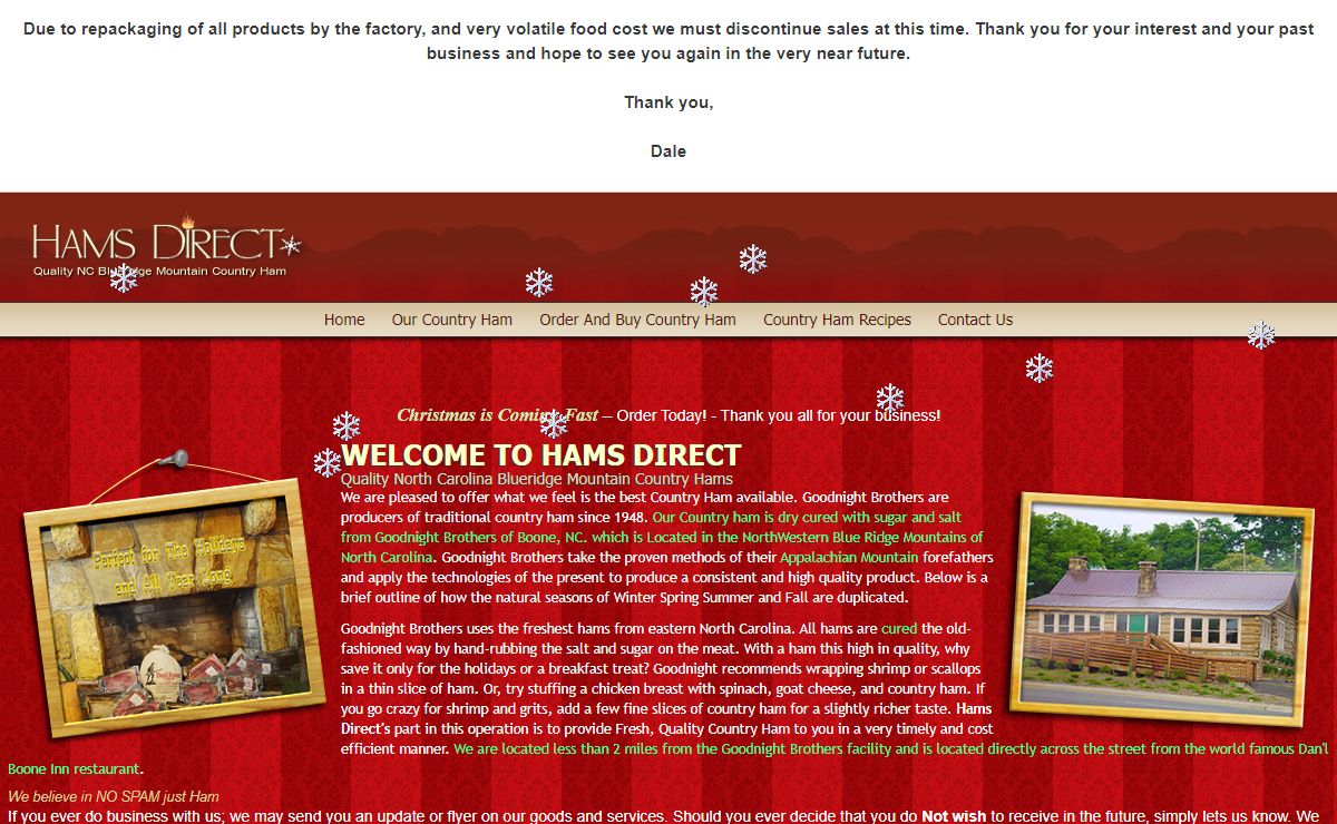 Hams Direct Country Ham, country ham, center cut ham, NC mountain ham, salt cured ham, Christmas ham, thanksgiving ham, ham recipes, ham products, ham, dinner ham, holiday food