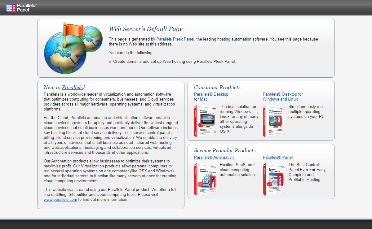 Default Parallels Plesk Panel Page