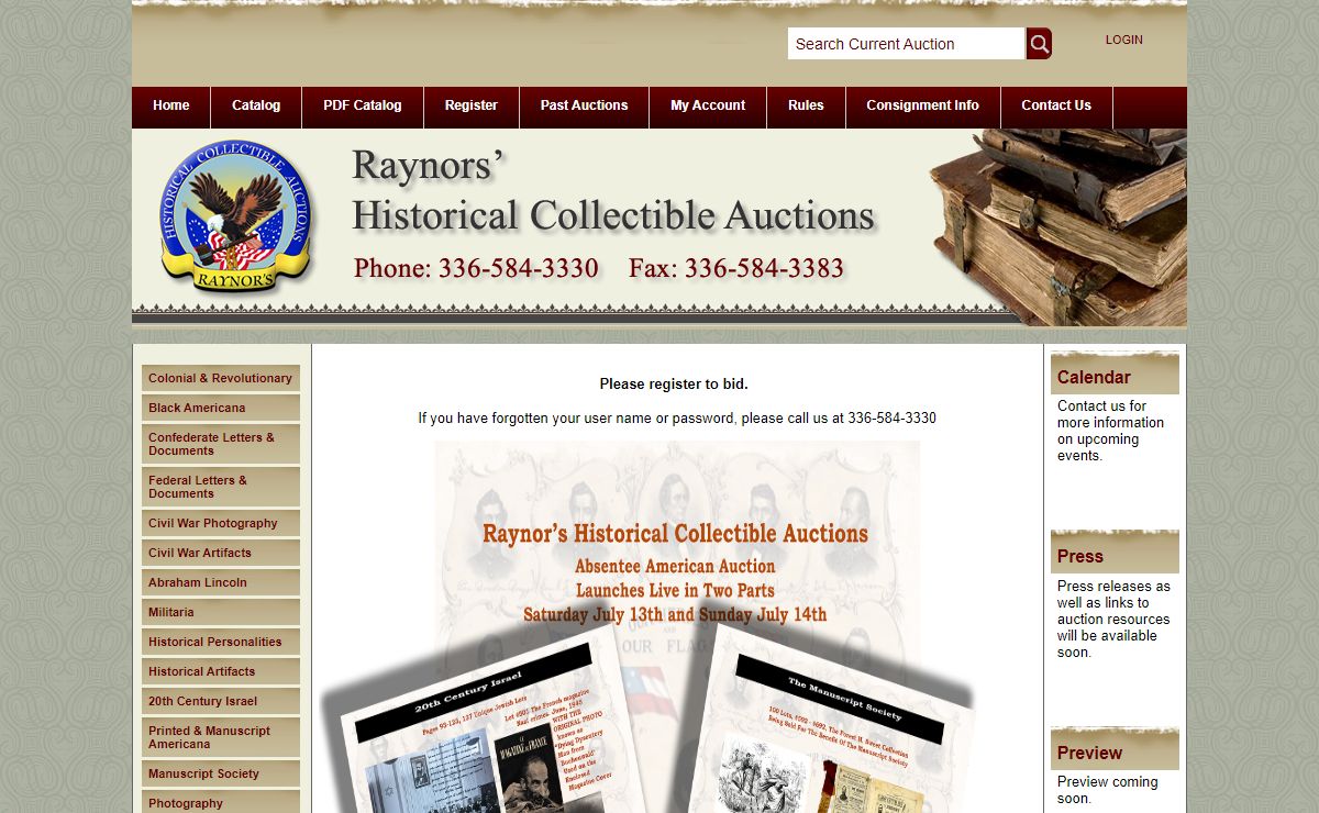 Welcome to Raynors' Historical Collectible Auctions