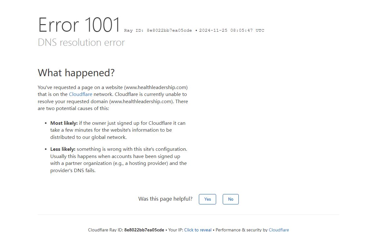 DNS resolution error | www.healthleadership.com | Cloudflare