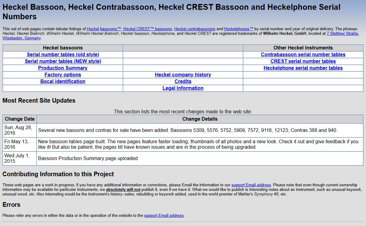 Heckel Bassoon, Heckel Contrabassoon, Heckel CREST Bassoon and Heckelphone Serial Numbers