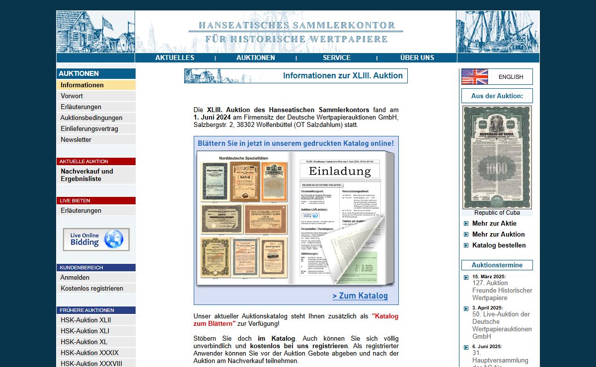 Informationen zur XLIII. Auktion - Hanseatisches Sammlerkontor für Historische Wertpapiere