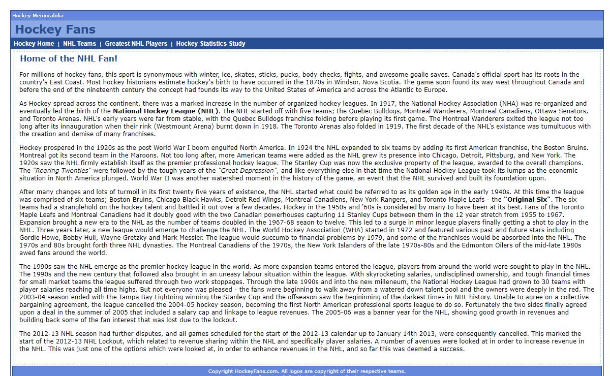Hockey Fans - NHL Team History and Player Biographies