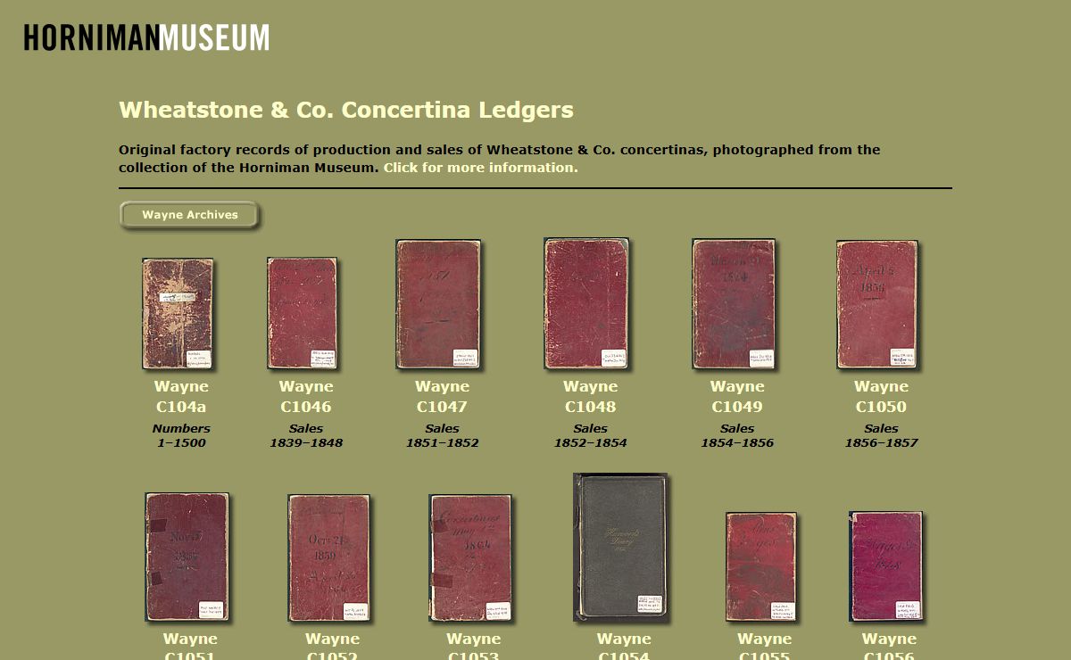 Wheatstone Concertina Ledgers, Horniman Museum, Home Page