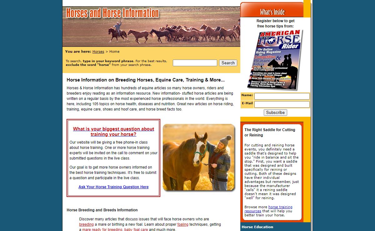 Horses and horse training, care, tack, and supply info.