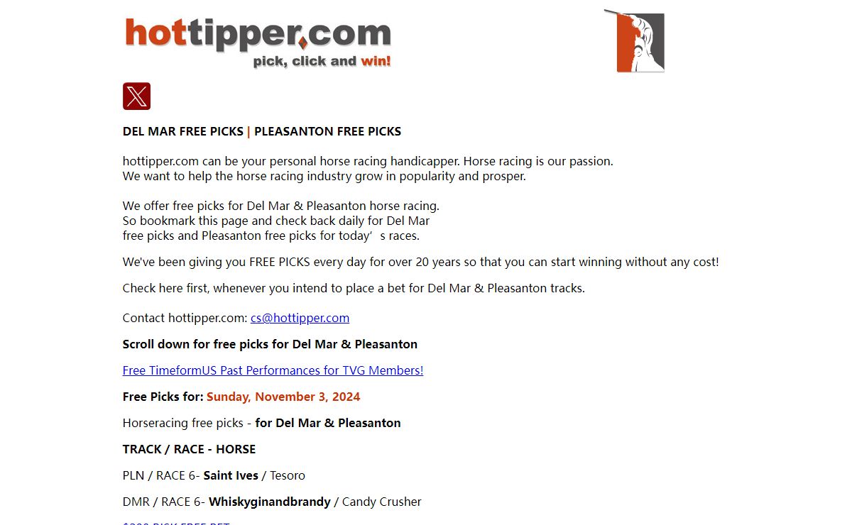 Del Mar and Pleasanton horse racing selections from hottipper.com