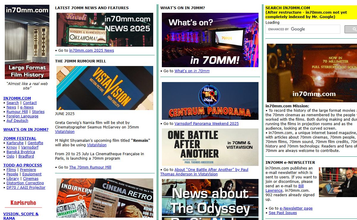 in70mm.com an internet magazine, with articles about 70mm cinemas, 70mm people, 70mm films, 70mm sound, 70mm film credits, 70mm history and 70mm technology - The Cool Page