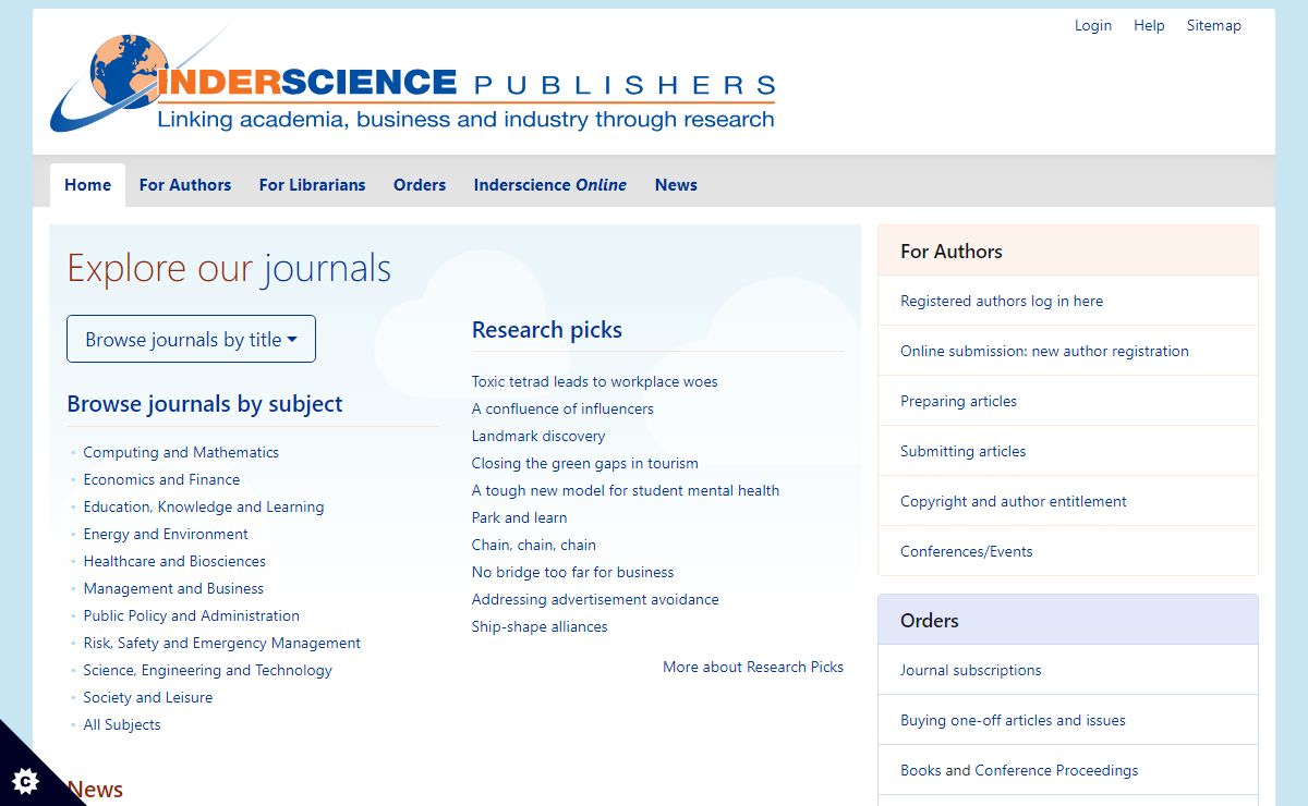 Inderscience Publishers - linking academia, business and industry through research