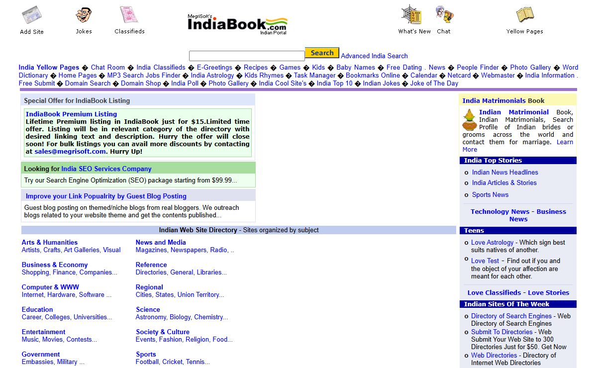 India Book: India Search Engine, Indian Web Directory, Portal, News, Yellow Pages, Chat, Jokes, Dating, Matrimonial